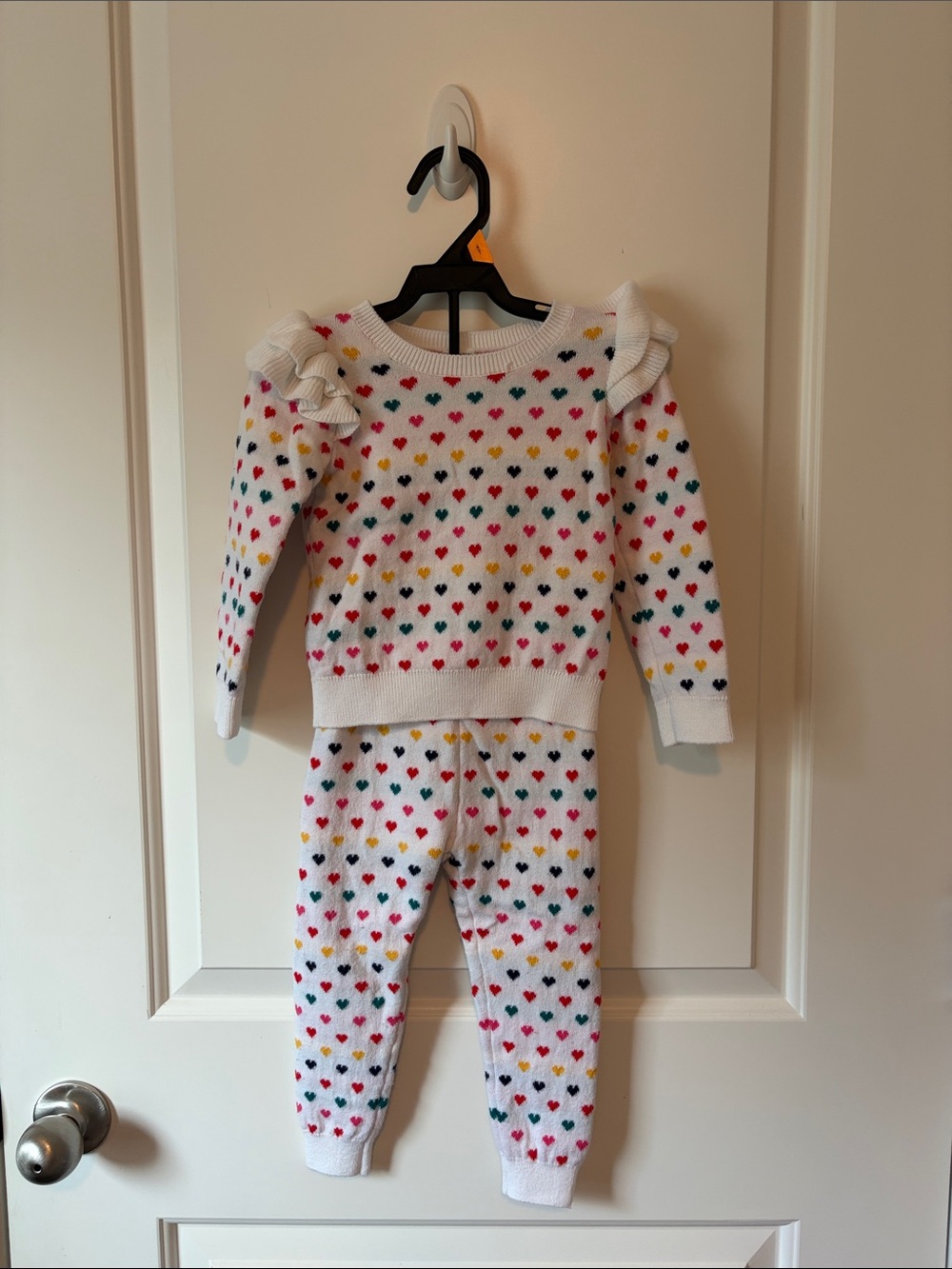 Janie and Jack White Knit Pajama Set with Multicolor Hearts